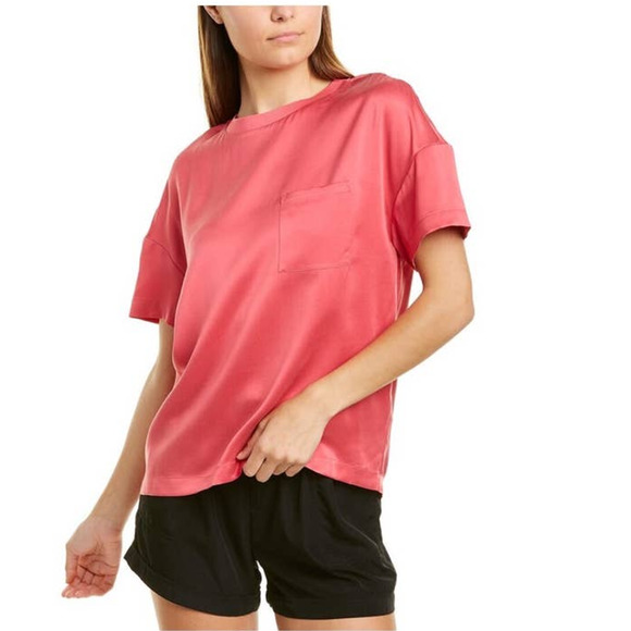 Badgley Mischka Mulberry Silk Barbie Pink Pocket Tee - S - Picture 1 of 5